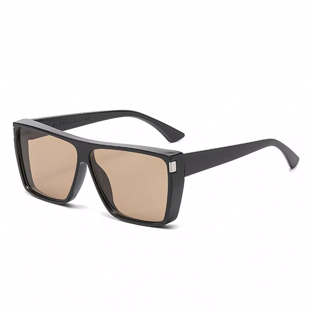 Oversized square sunglasses with black frame and brown lenses, perfect for stylish sun protection.