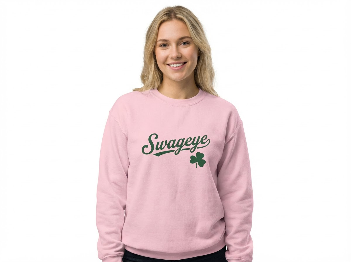 Swageye Lucky Clover Crewneck Sweatshirt in soft pink with green logo and shamrock design on model