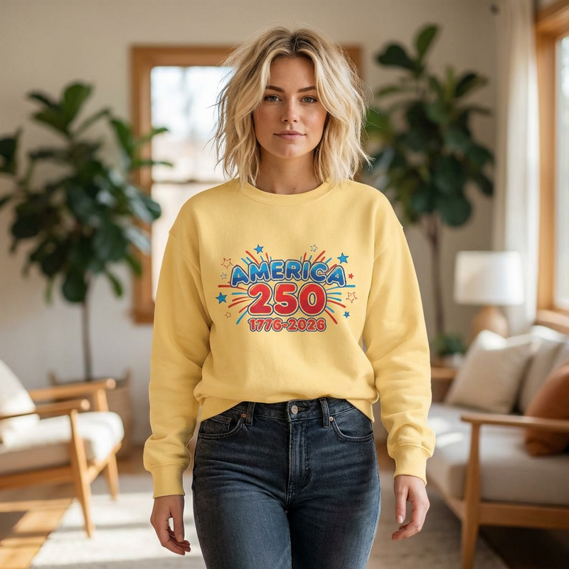 Red White and Blue Sweatshirt — America's 250th Celebration worn by a model in a cozy living room.