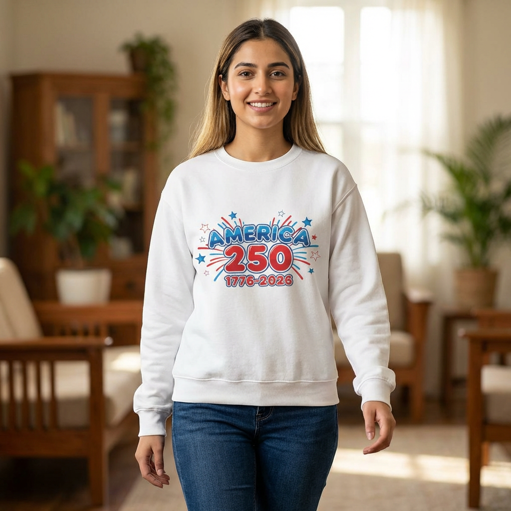 Red White and Blue Sweatshirt — America's 250th Celebration worn by a model in a cozy living room.