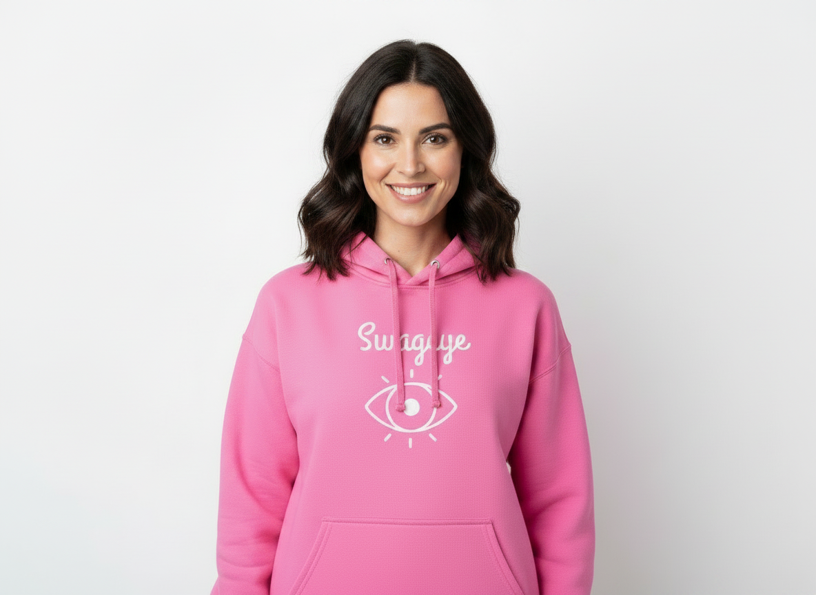 Young woman wearing a pink Swageye hoodie with a white logo, showcasing the stylish design and cozy fit.