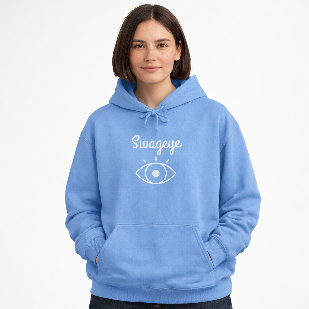 White Logo Hoodie - Swageye in light blue featuring a spacious kangaroo pocket and drawstring hood.