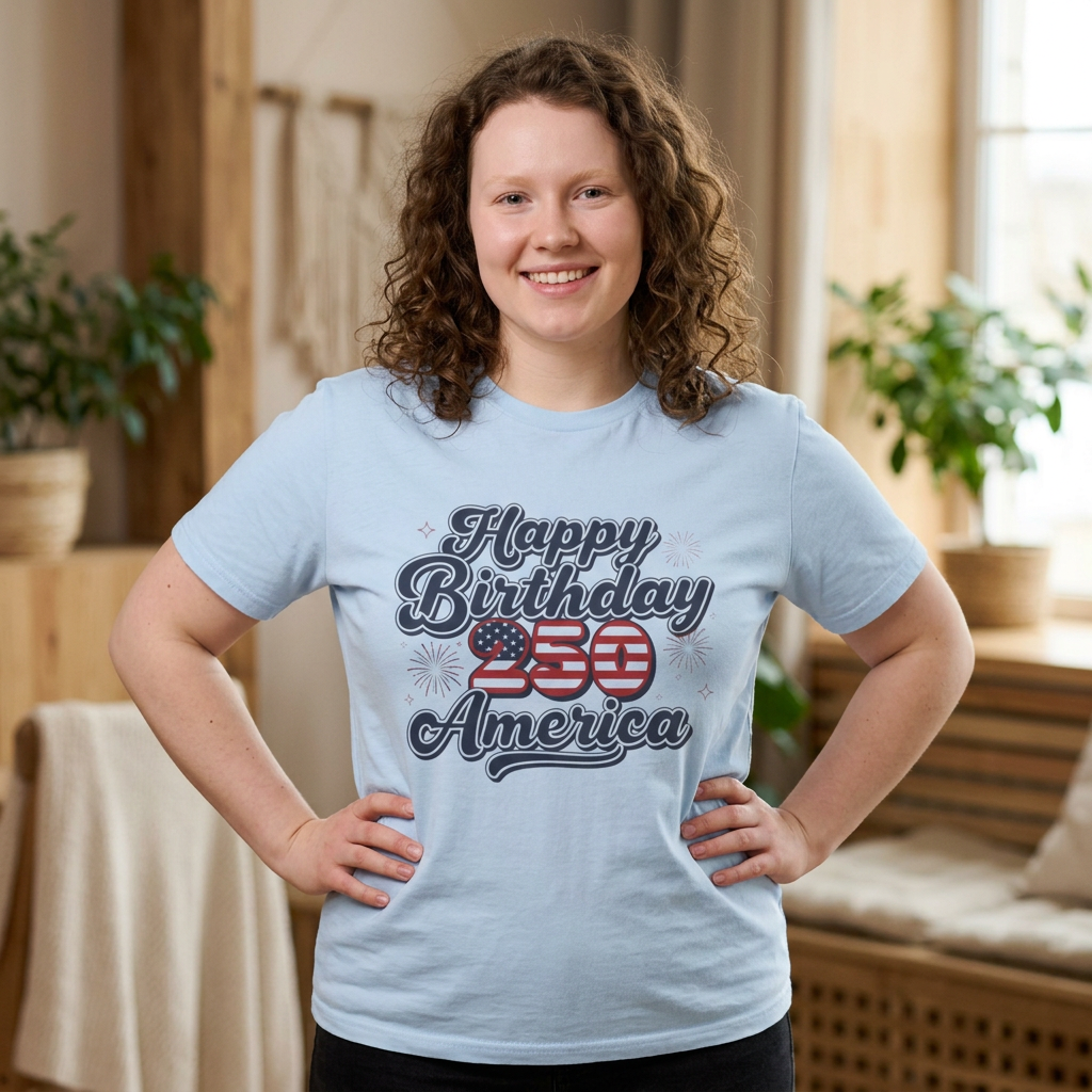 Happy Birthday America 250th Anniversary T-Shirt worn by a smiling woman in a cozy setting.