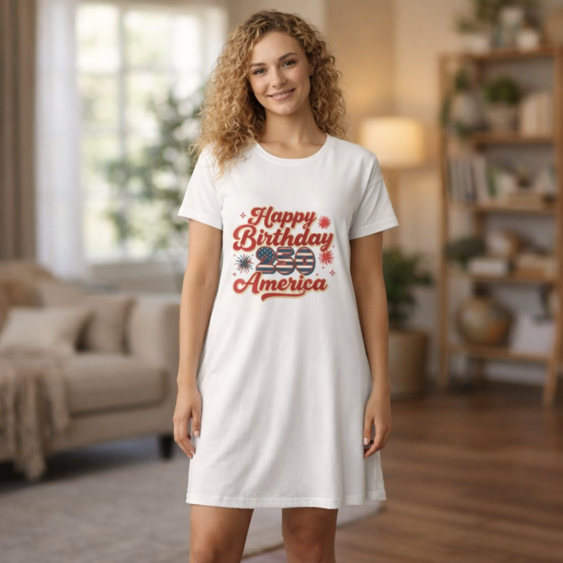 Happy Birthday 250 America Patriotic T-Shirt Dress worn by a model in a bright living room setting.