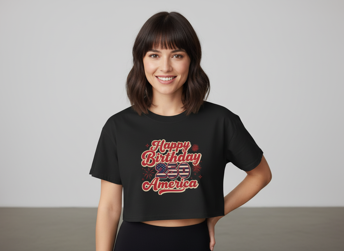 Happy 250th Birthday America Women's Crop Tee worn by a young woman, showcasing its playful patriotic design.