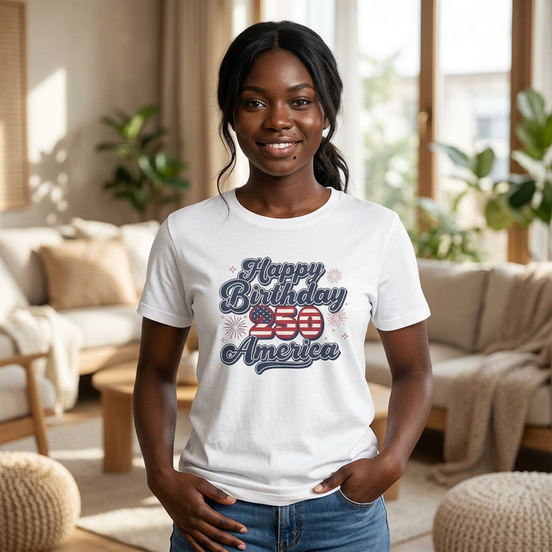 Happy Birthday 250th America Women's Patriotic Tee worn by a woman in a bright living room setting.