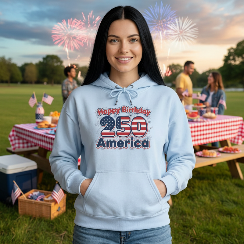 Happy Birthday 250 America Patriotic Anniversary Hoodie worn by a smiling woman in a cozy home setting.