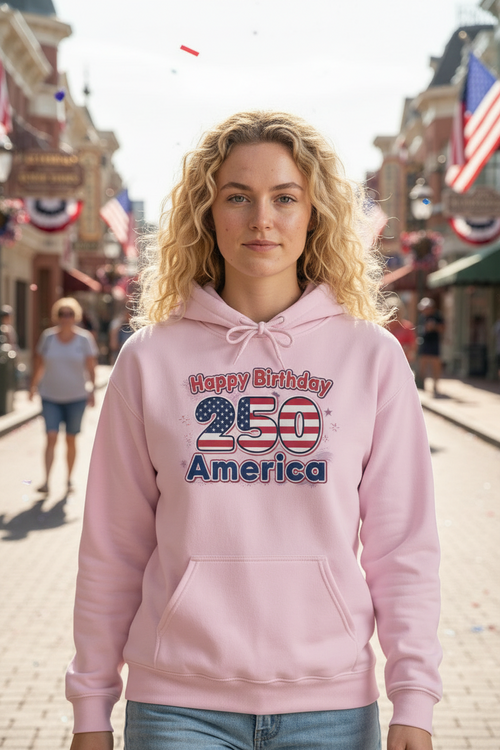 Happy Birthday 250 America Patriotic Anniversary Hoodie worn by a woman in a cozy indoor setting.