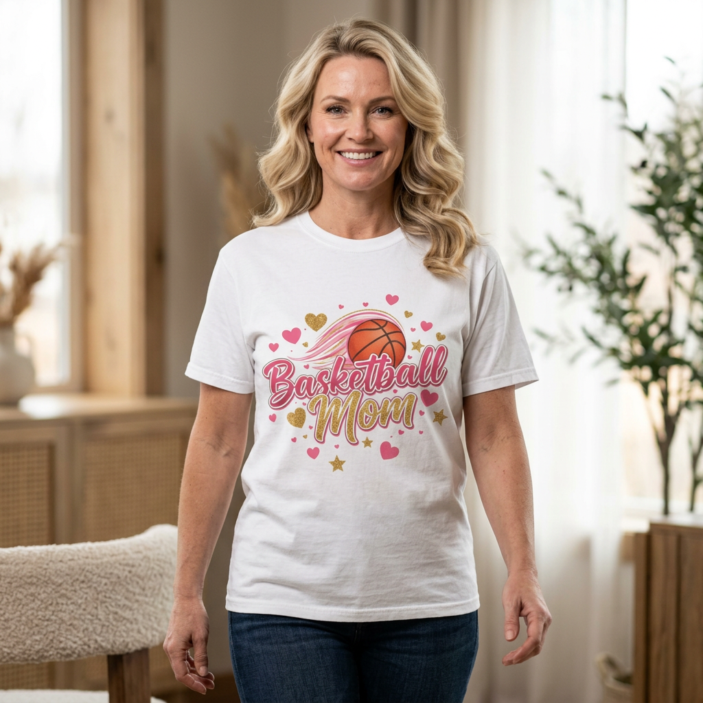 Smiling woman wearing a Basketball Mom Shirt with a colorful design featuring a basketball and hearts.