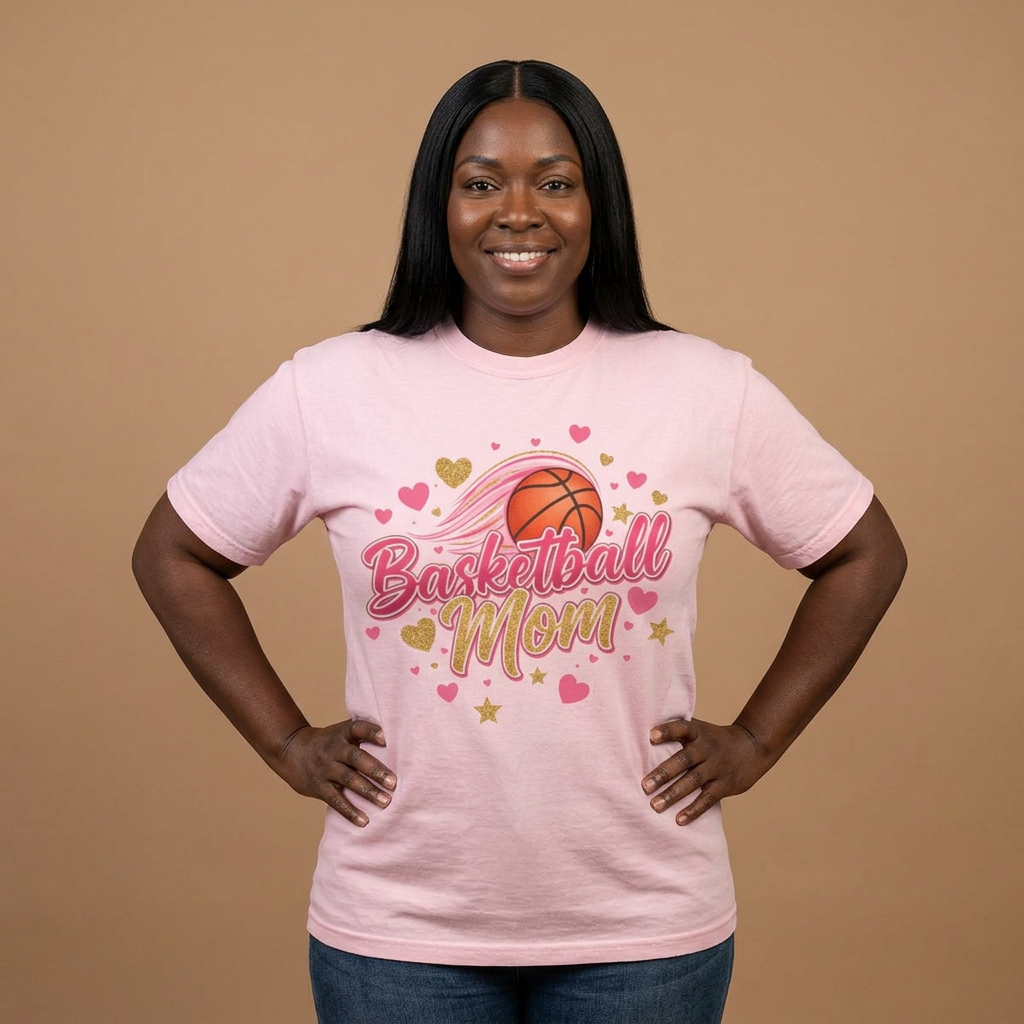 Woman wearing a pink Basketball Mom Shirt with basketball and heart designs.