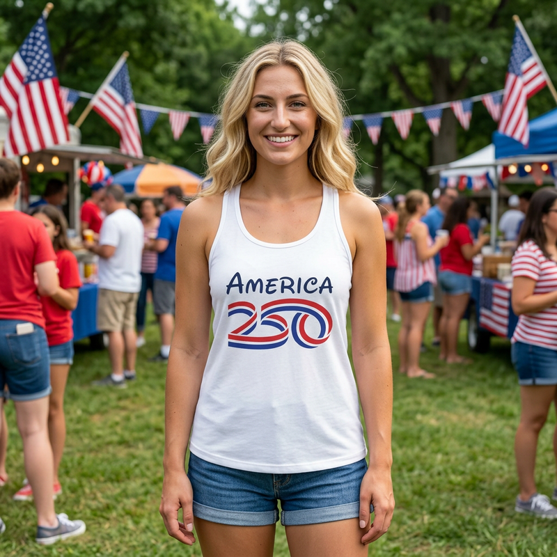 America 250 anniversary women's tank top worn by a woman at a festive outdoor celebration with flags.