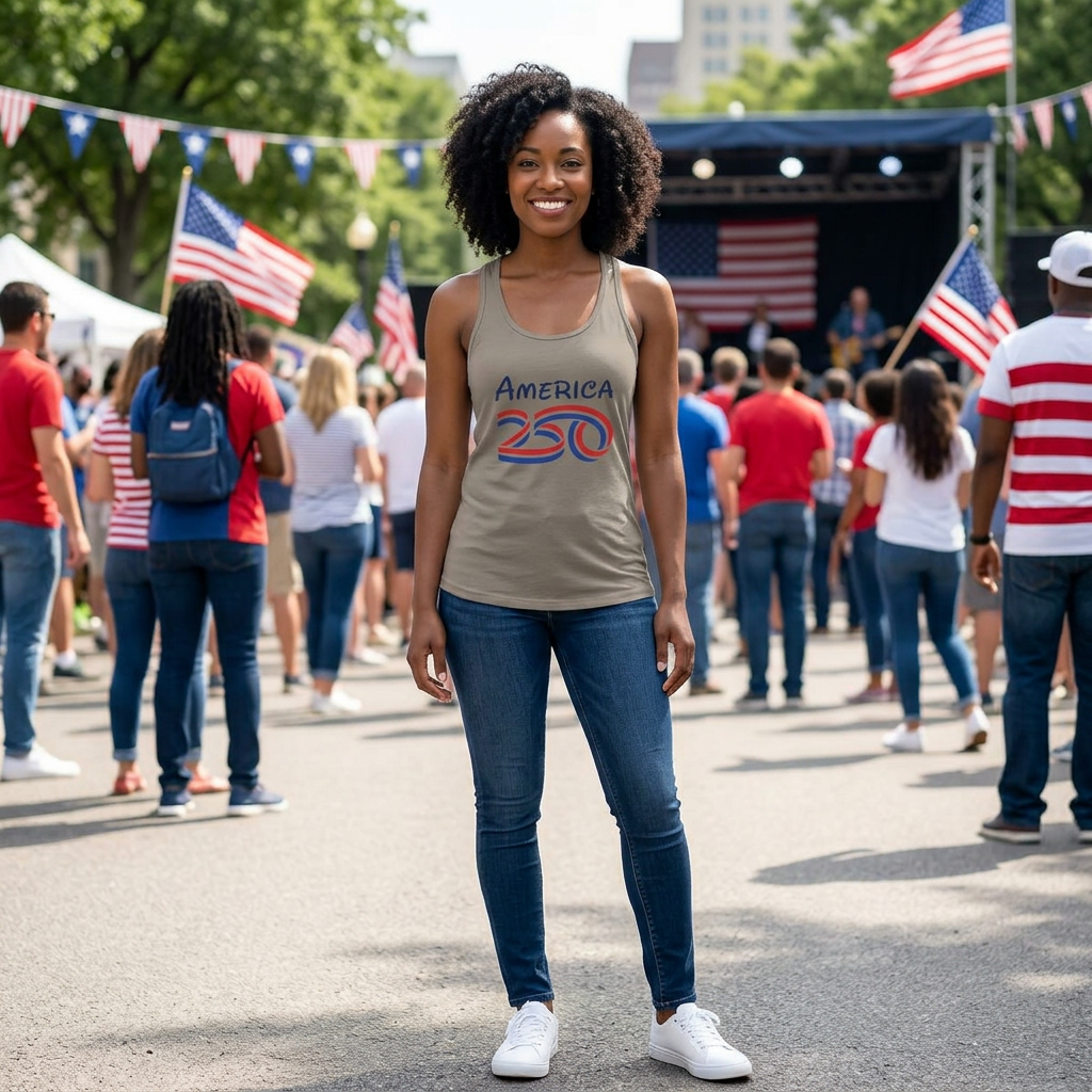 Woman wearing America 250 Anniversary Women's Tank Top at a festive outdoor event with flags.