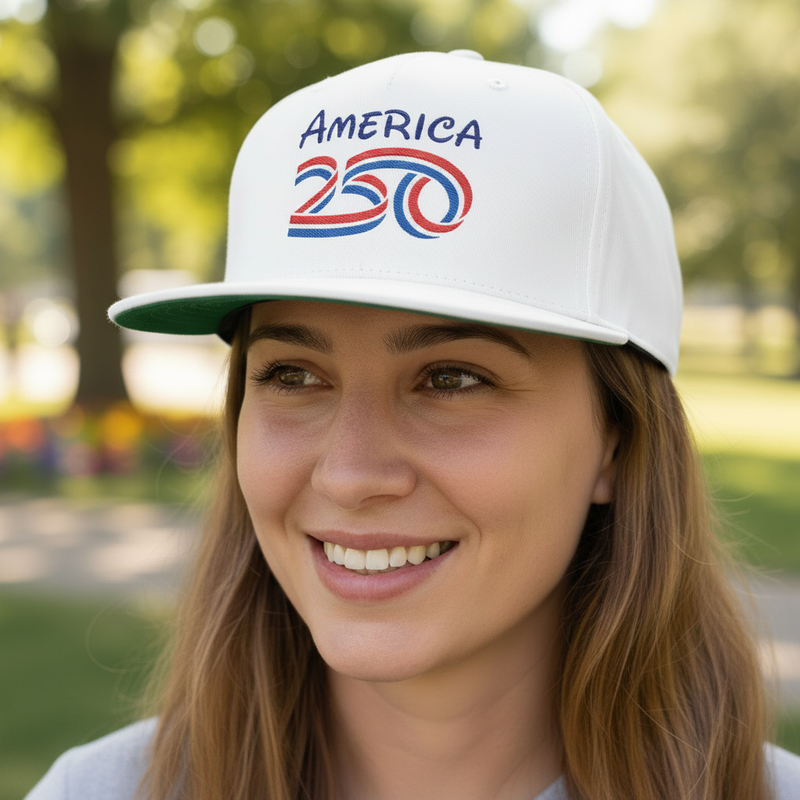 Front of America 250 Flat Bill Hat Girl Wearing