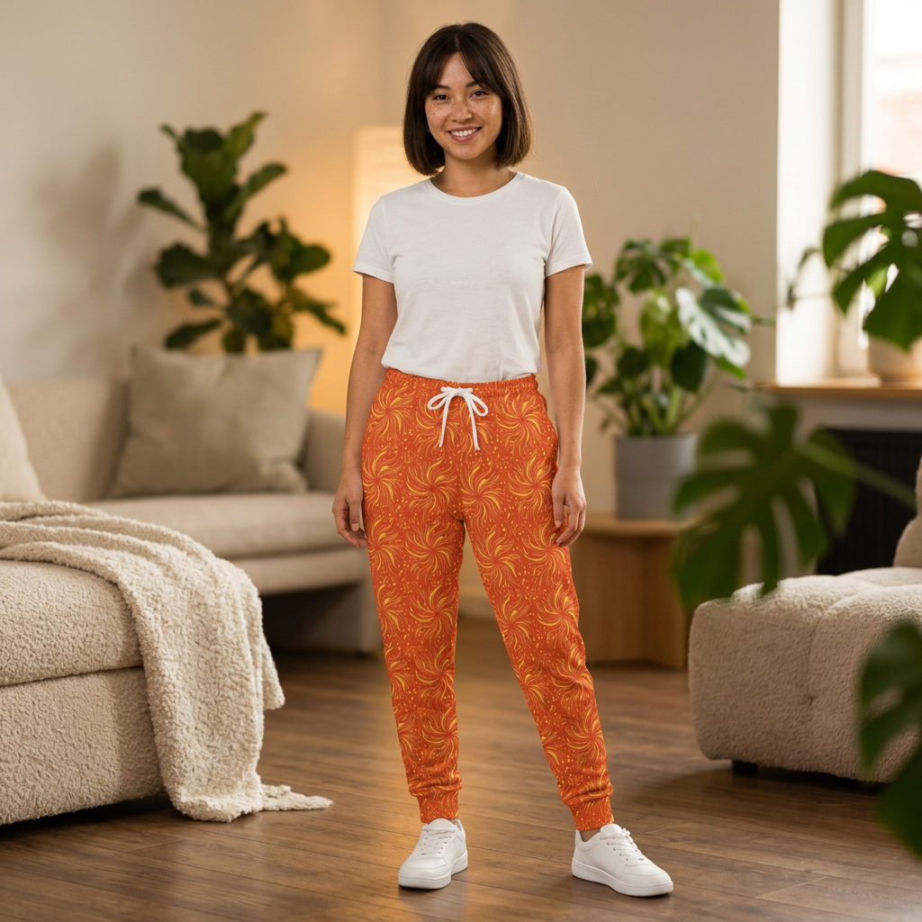 Model wearing sunset shimmer women's joggers in vibrant sunset-orange color, showcasing energetic sunburst design.
