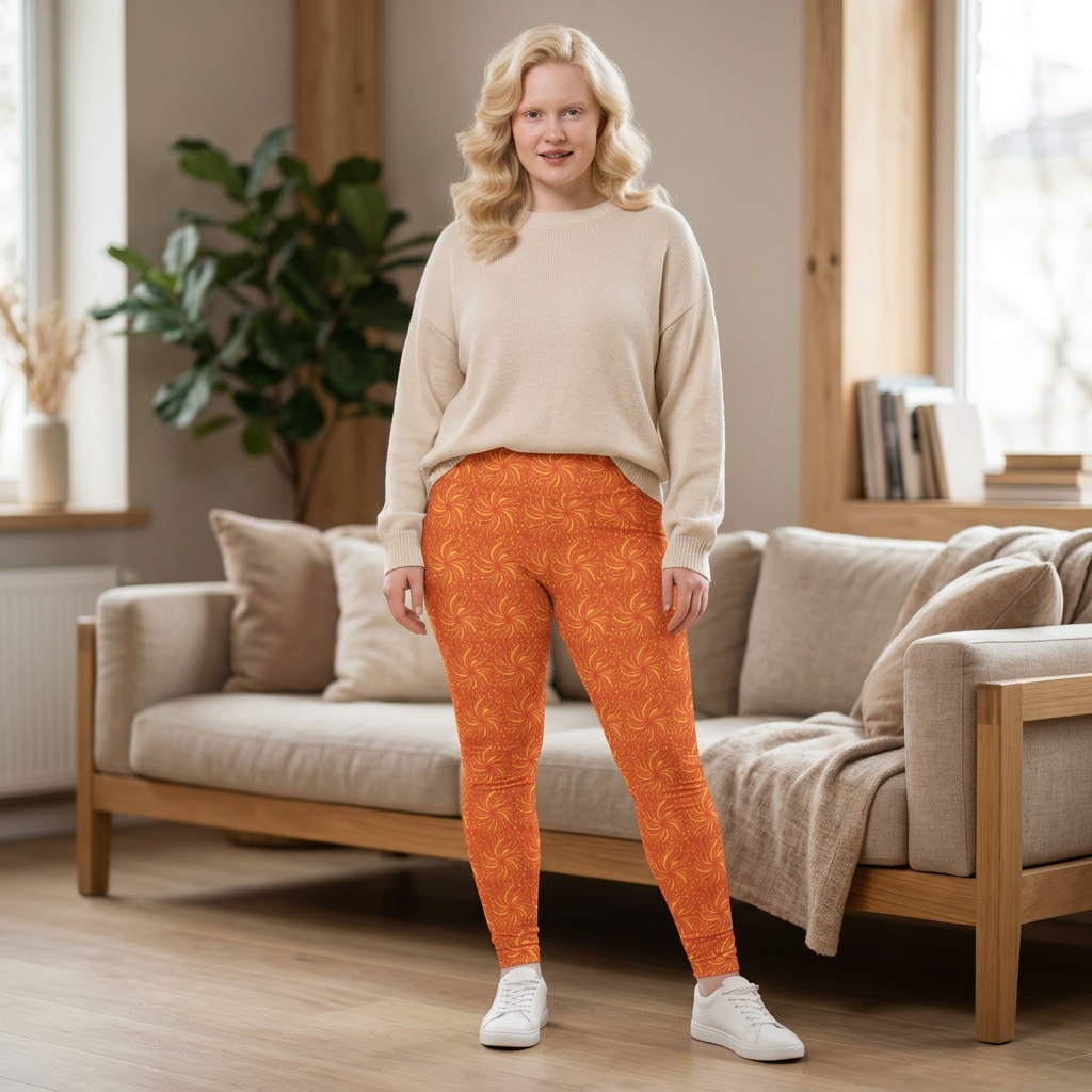 Model wearing Swageye Sun-Kissed Leo Constellation Leggings - Exclusive Plus Size with a cozy sweater in a bright living room.