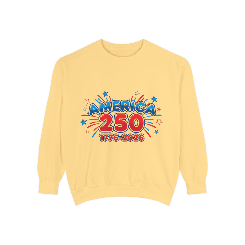 Red White and Blue Sweatshirt — America's 250th Celebration with colorful graphics and festive design.