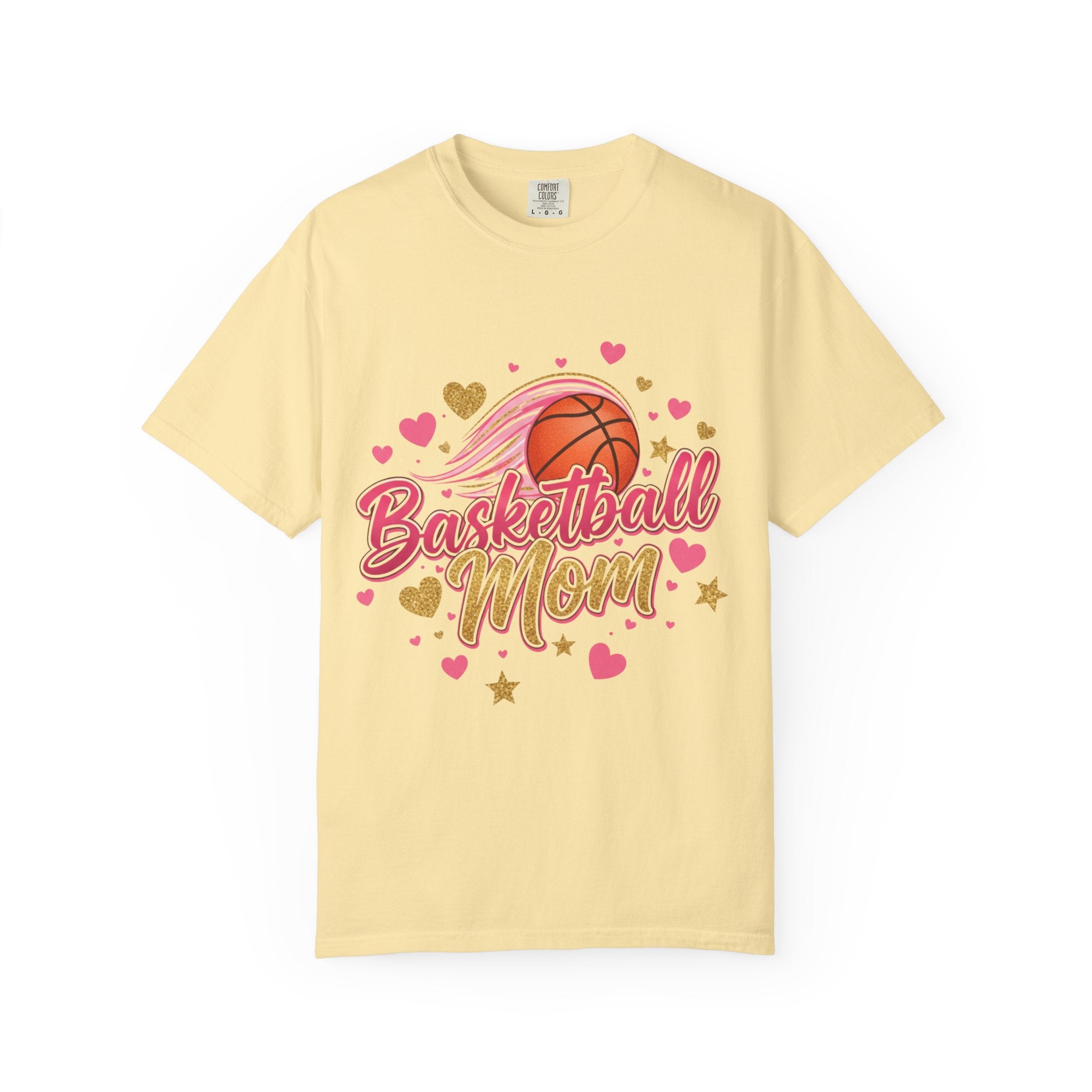 Basketball Mom Shirt in yellow with pink script, basketball graphic, and hearts design for proud parents.