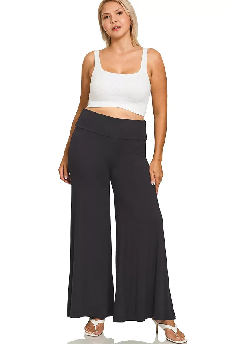 Fold Over Waist Comfy Wide Leg Pants – Inclusive Sizing (S–3XL) modeled by a woman in a stylish outfit.