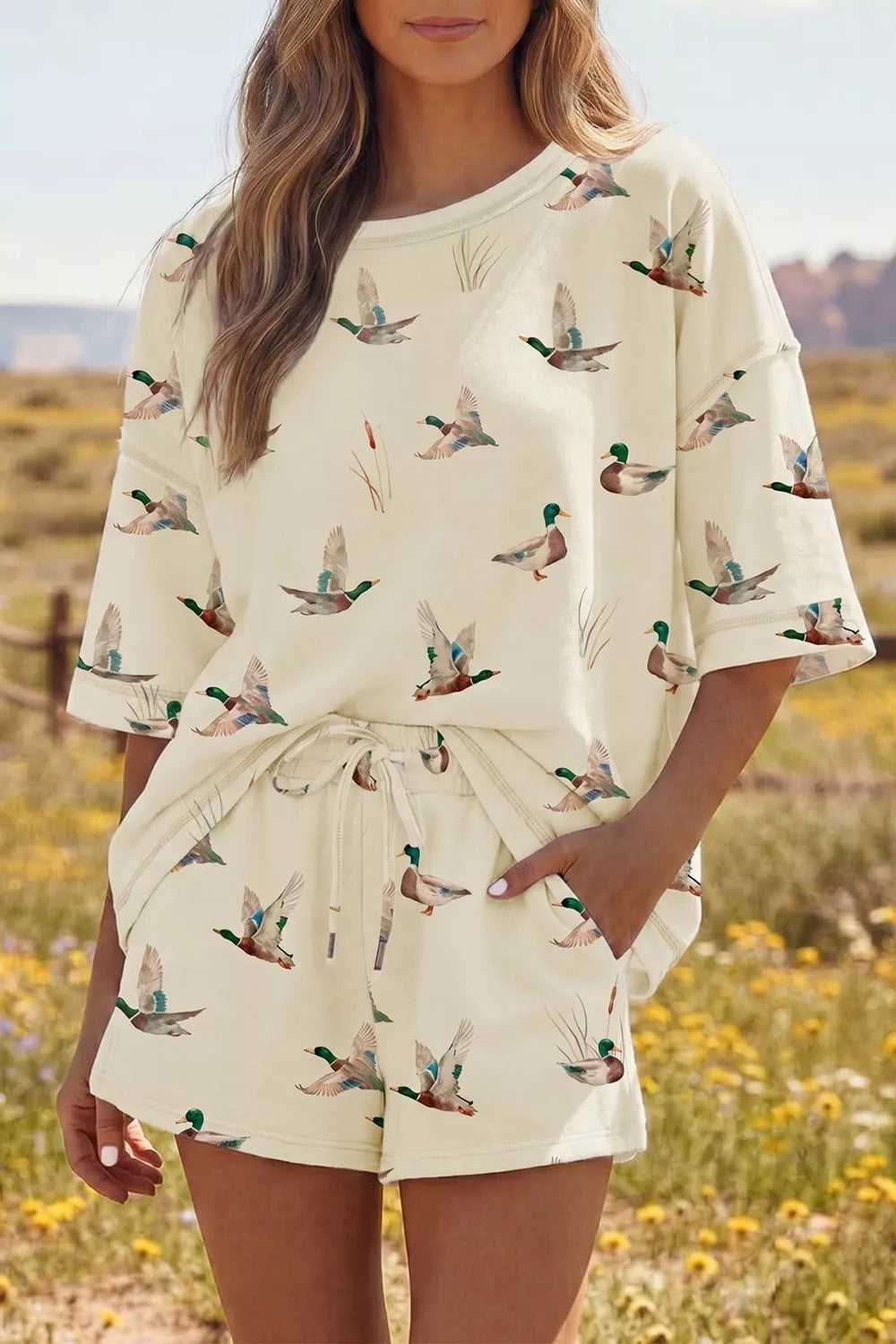 Mallard Duck Print Oversized Tee Drawstring Short Set featuring flying ducks on fabric, comfortable two-piece outfit for spring.