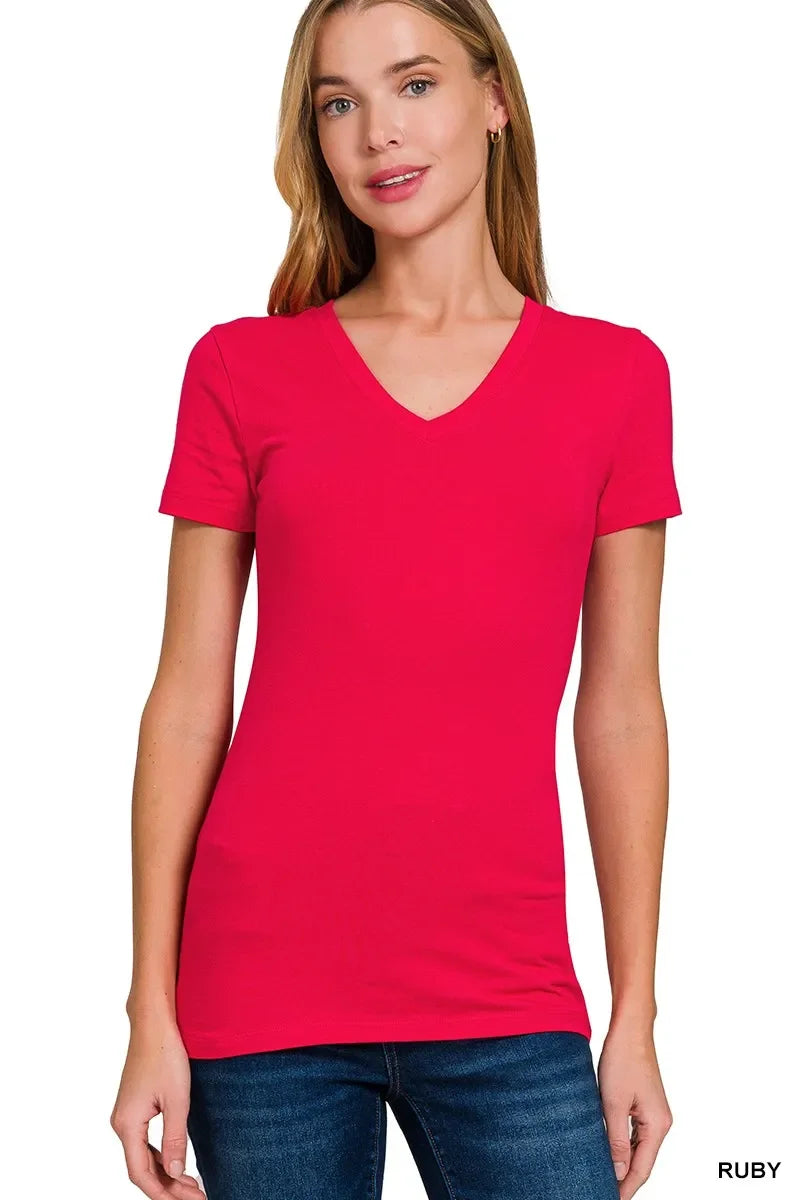 Ruby Basic Cotton V-Neck Short Sleeve T-Shirt in vibrant pink on model, showcasing its soft and comfortable design.