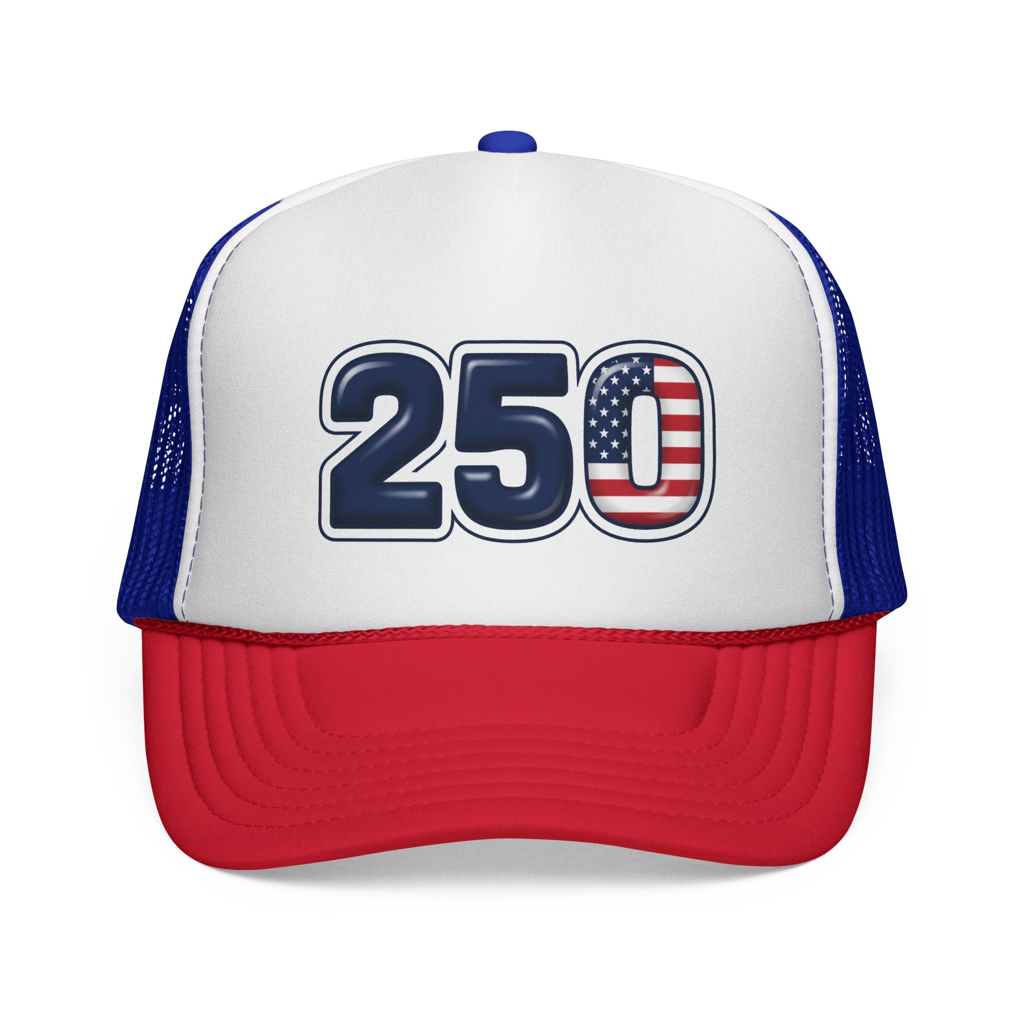 250th America Anniversary Trucker Hat Red, White and Blue Front View