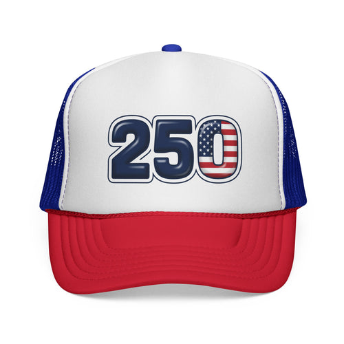 250th America Anniversary Trucker Hat Red, White and Blue Front View