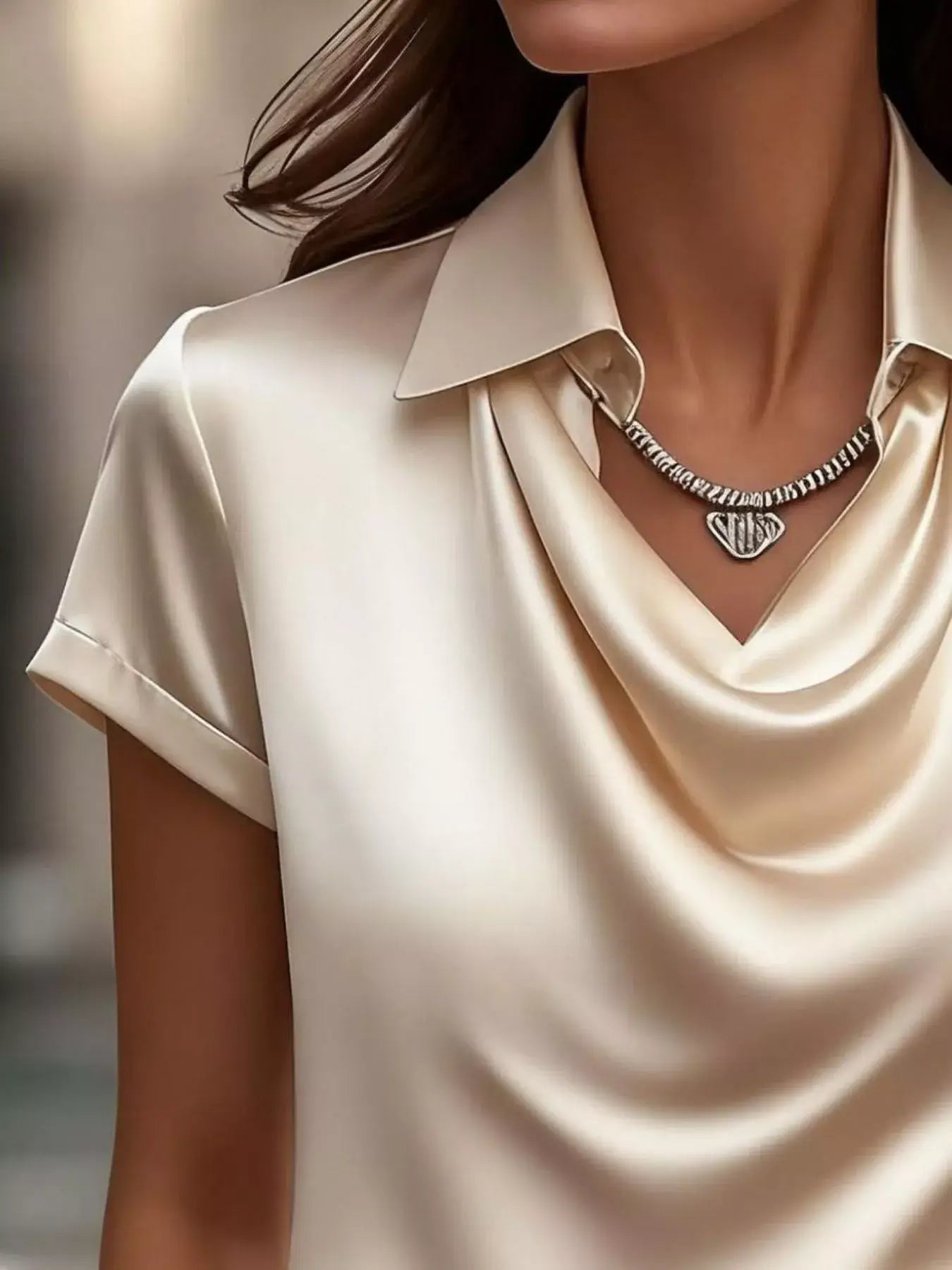 Elegant shimmery blouse showcasing plus size elegant clothing, designed for all sizes S to 5XL, styled with a chic necklace.