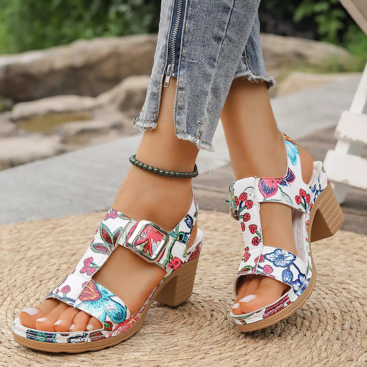 Floral Print Buckle Ankle Strap Block Heel Sandals featuring vibrant botanical design and comfortable block heel.