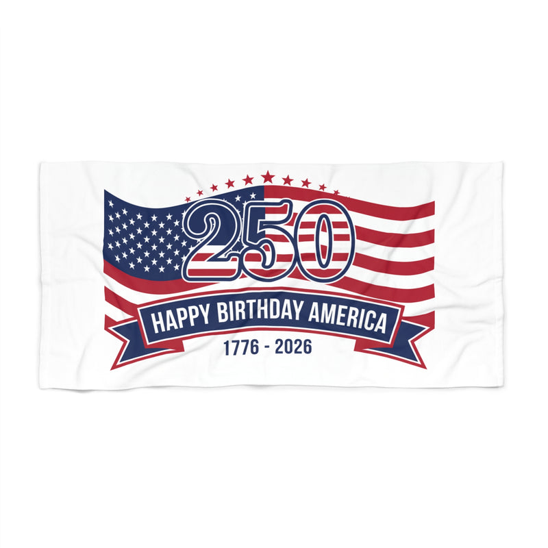 USA flag beach towel featuring a vintage design for the 250th Happy Birthday America—1776–2026 celebration.