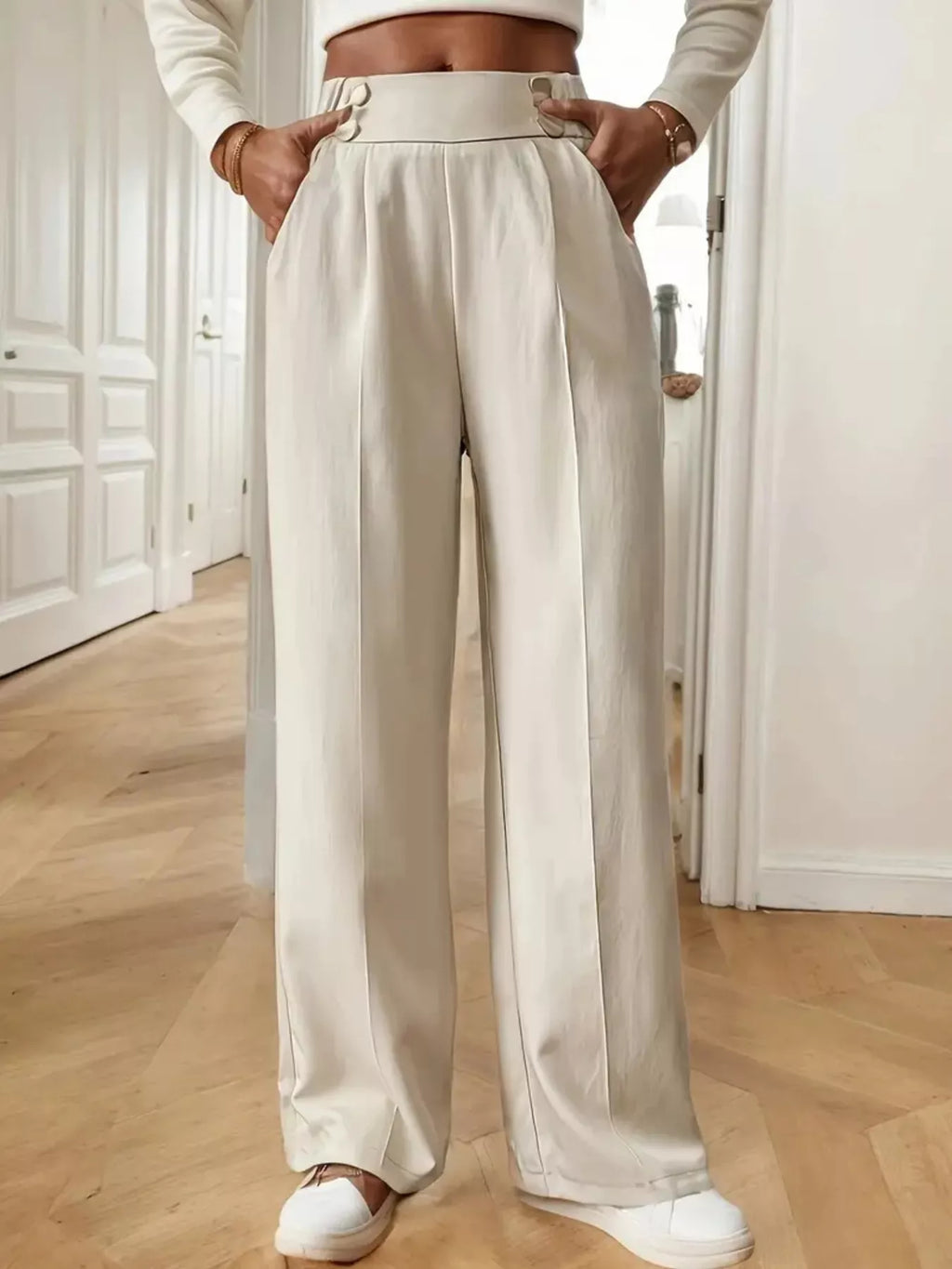 Full Size High-Waisted Wide-Leg Pants Plus Size in a stylish beige color, perfect for comfort and elegance.