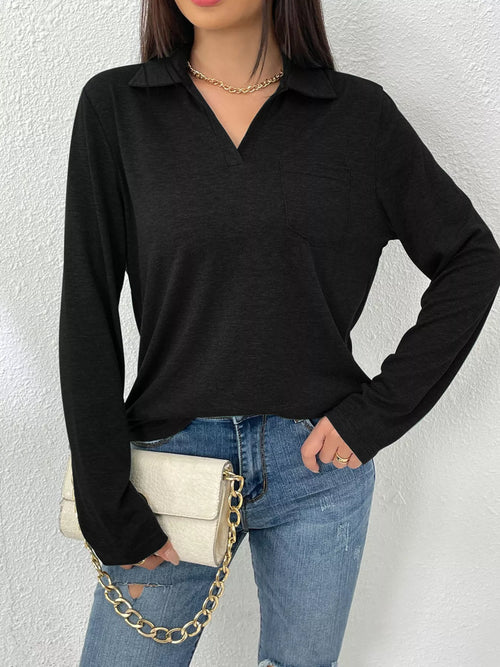 Casual Long Sleeve Polo T-Shirt in black, styled with jeans and a handbag, perfect for versatile outfits.
