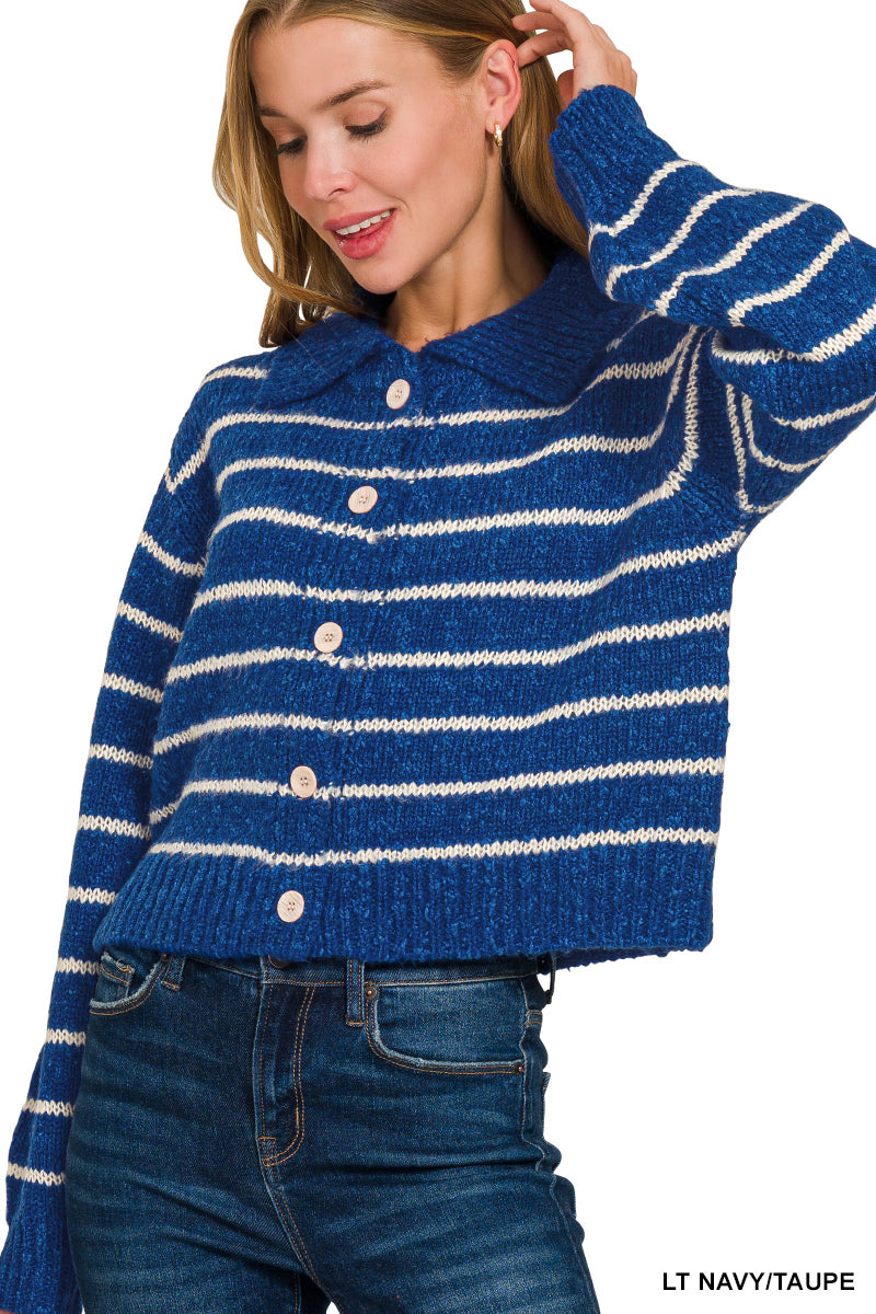 Blue and White Striped Collared Button Down Sweater Cardigan worn by a model, showcasing its stylish design.