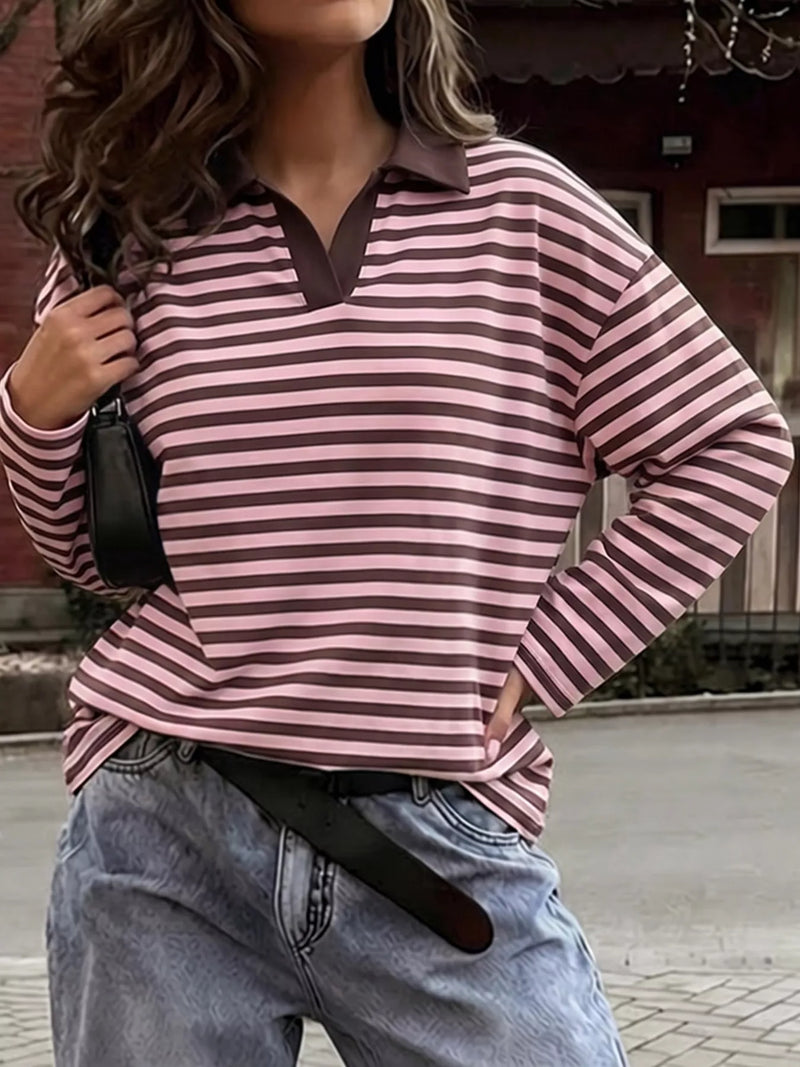 Vintage striped polo shirt long sleeve top styled with denim, perfect for casual outings.