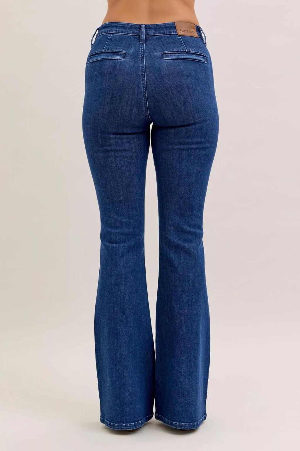 Dark High Waist Flare Jeans with Front Patch Pockets – Trendy Women’s Retro Denim, back view showcasing flare leg design.