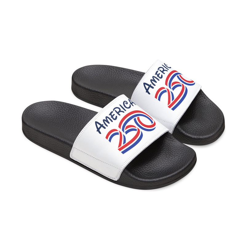 Patriotic women's sandals featuring a bold America 250 design, perfect for summer and celebrating national spirit.