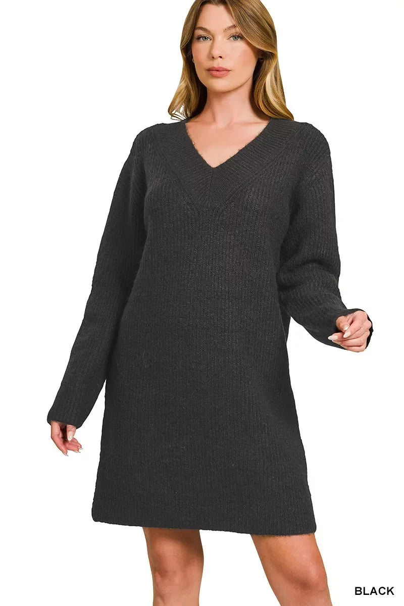 V-Neck Long Sleeve Ribbed Sweater Dress in black displayed on model, showcasing a flattering V-neckline and textured ribbed design.