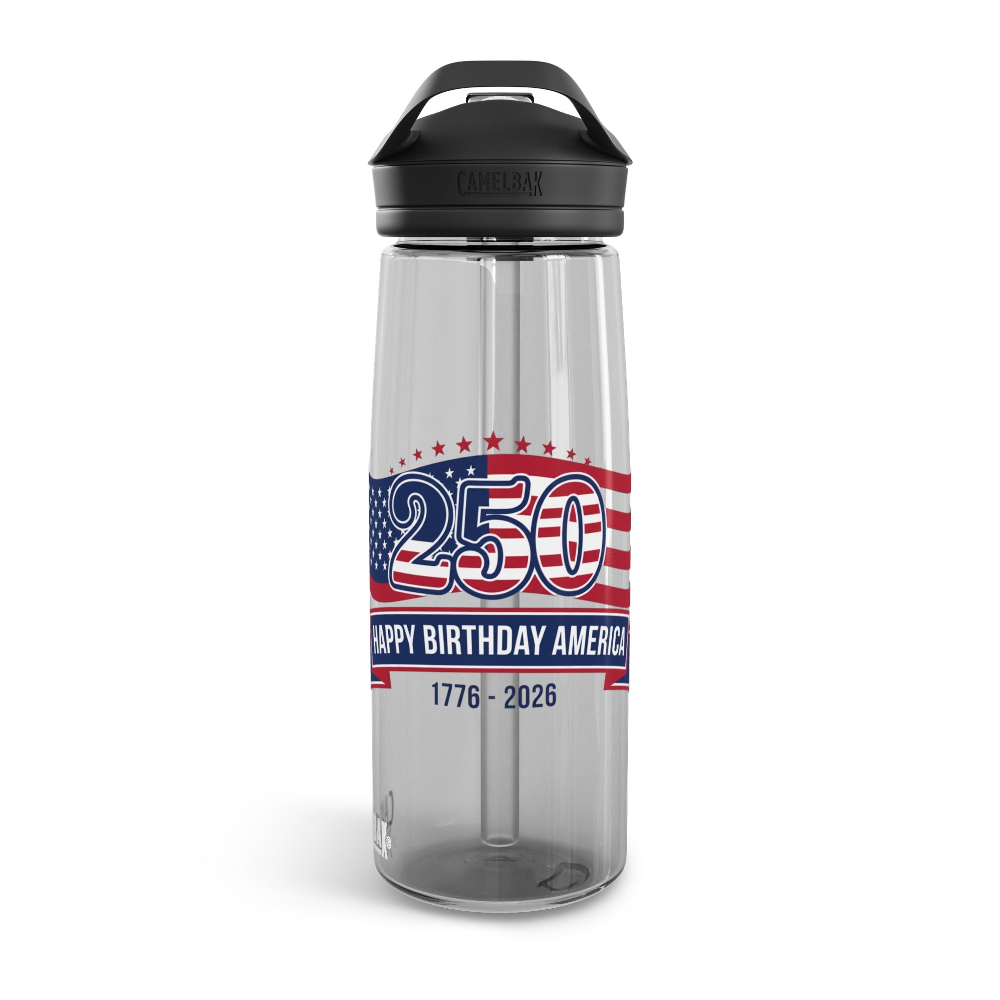 American Flag Water Bottle with 250th Anniversary design celebrating America from 1776 to 2026.