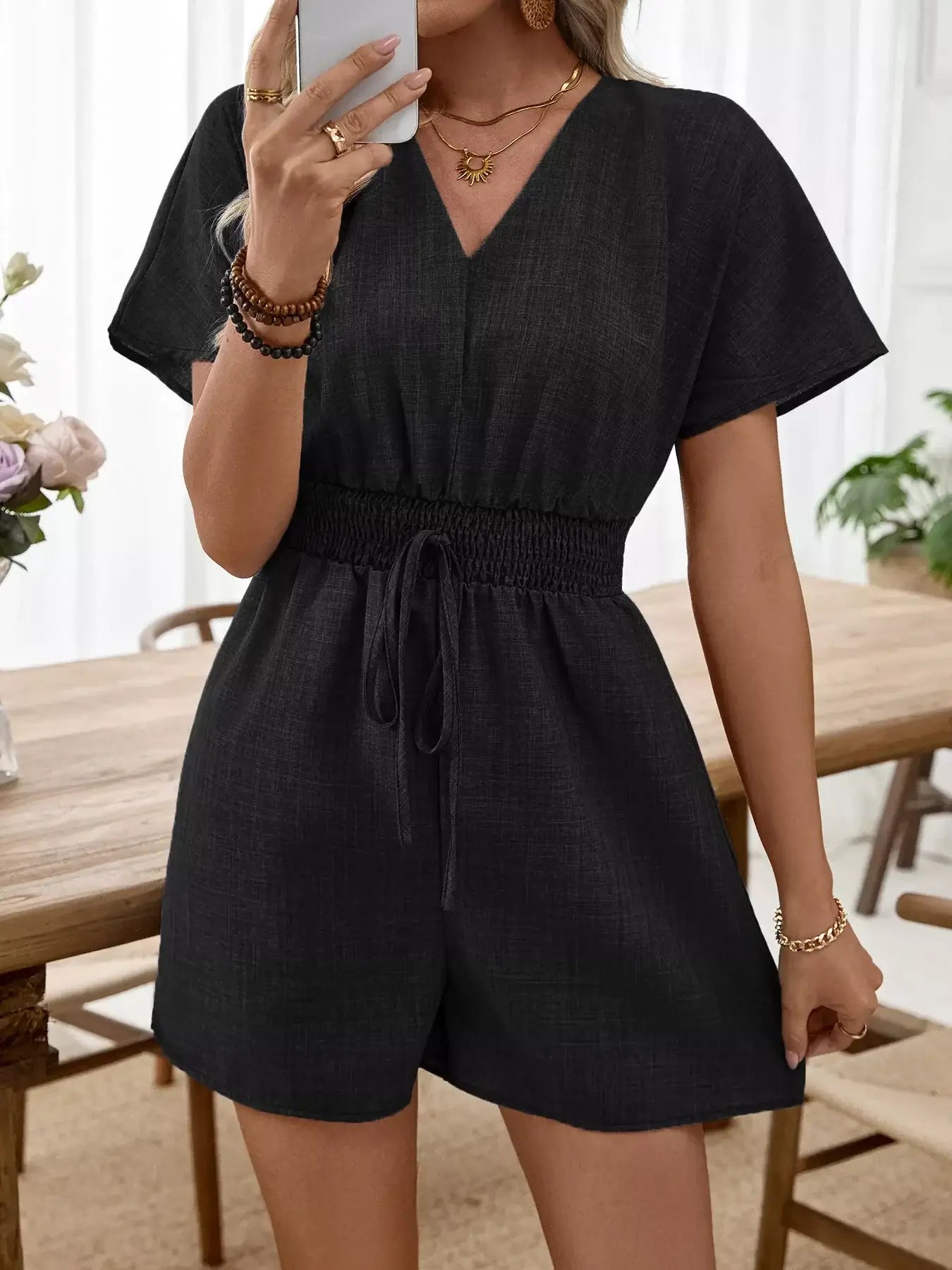 Womens Romper V-Neck Drawstring Black