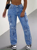 Trendy cargo jeans featuring a distressed high-waisted fit, perfect for a fashionable wardrobe.