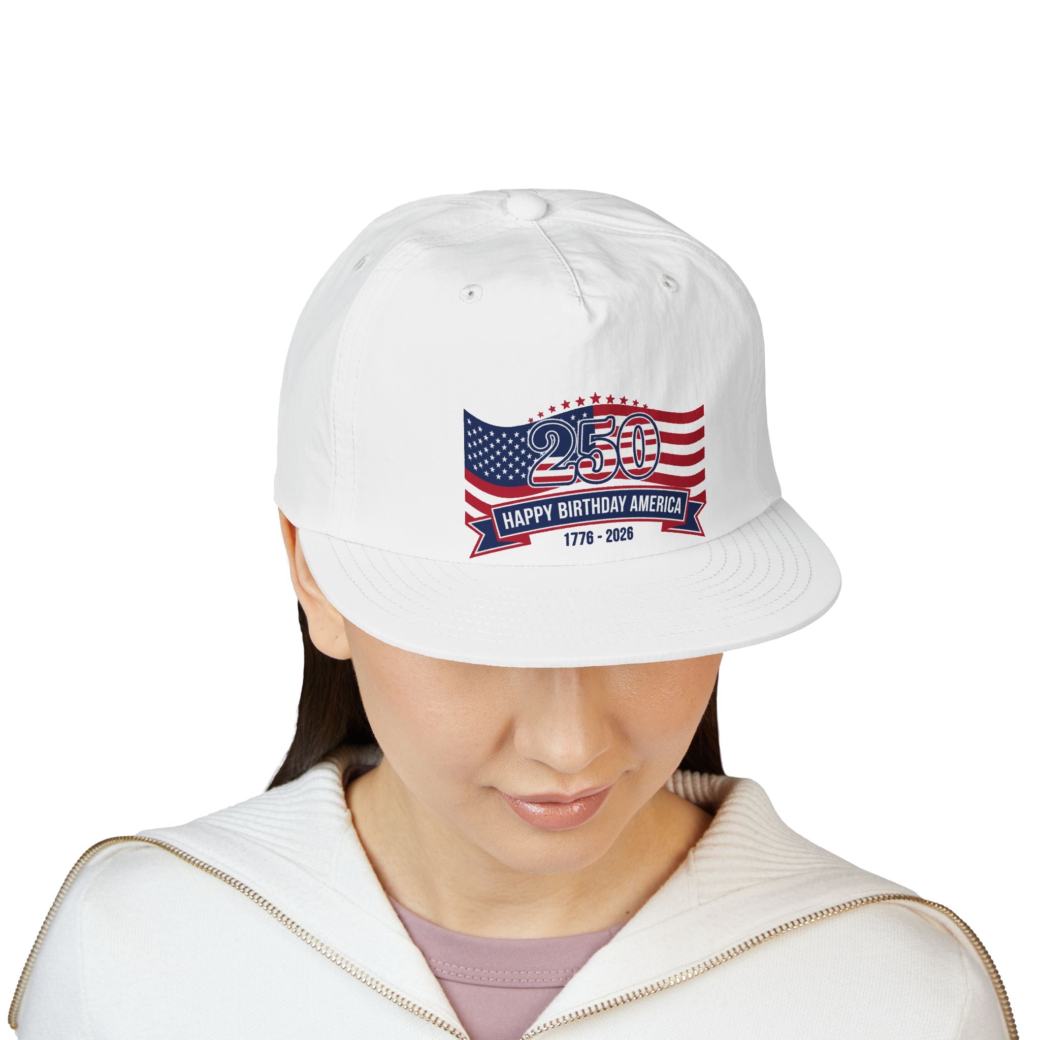 250th America Flag Cap featuring 'Happy Birthday America' design and patriotic colors