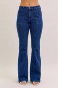 Dark High Waist Flare Jeans with Front Patch Pockets – Trendy Women’s Retro Denim, featuring a figure-flattering silhouette.