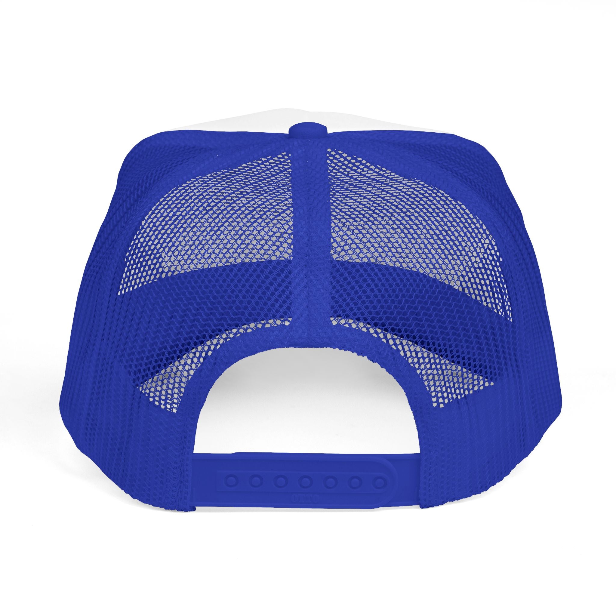 Back view of America's 250th Birthday Trucker Hat showcasing blue mesh design and adjustable snap closure.