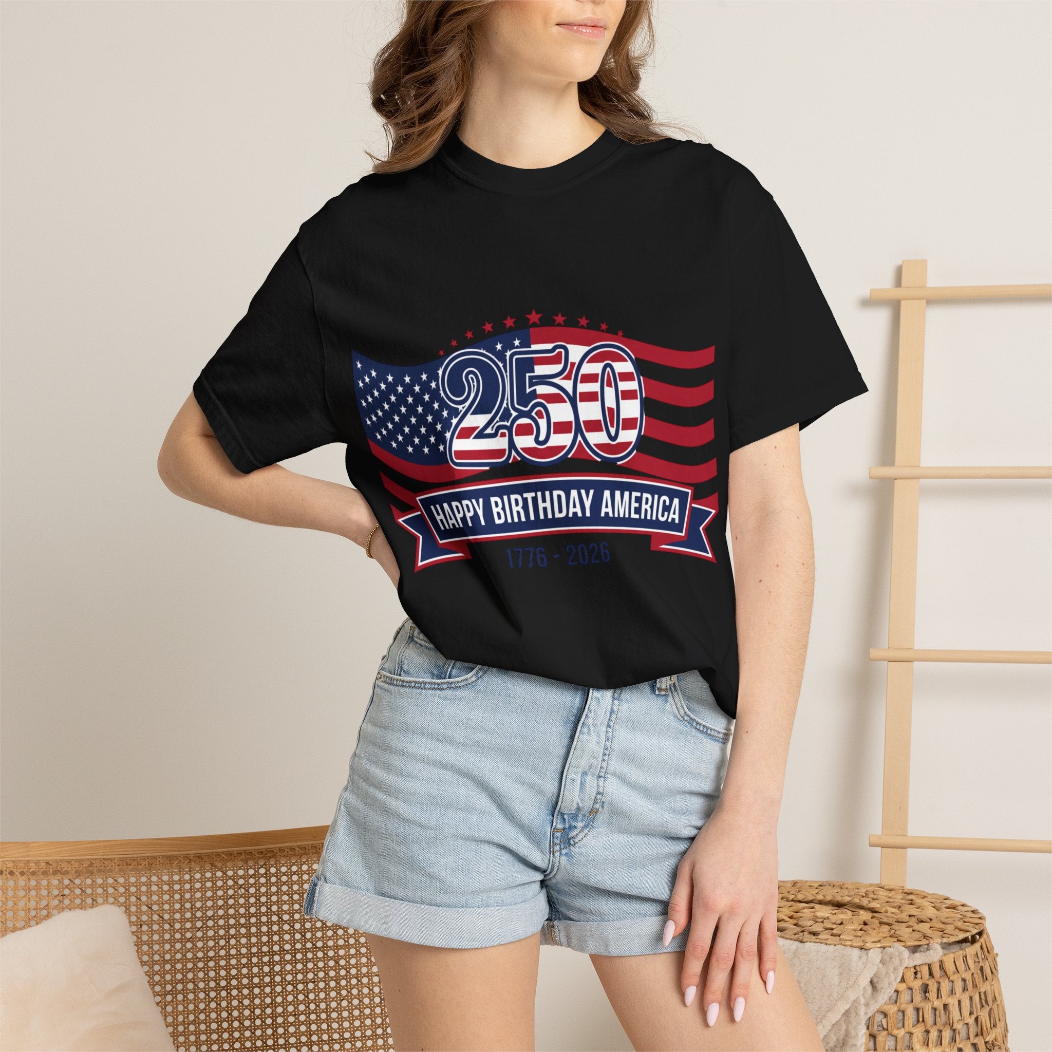 Model wearing a Black Red White and Blue shirt "250 Happy Birthday America 1776-2026" Patriotic Tee.