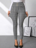 High Waist Plaid Slim Fit Pants featuring a stylish design with buttons and a comfortable high-waisted fit.