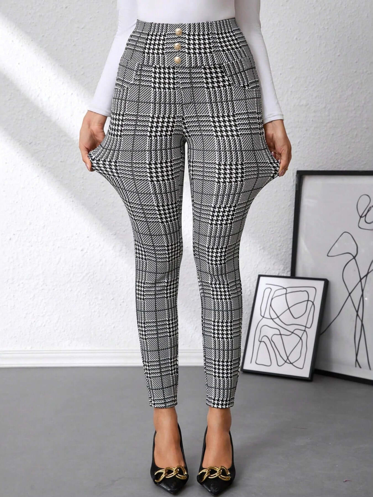 High Waist Plaid Slim Fit Pants featuring a stylish design with buttons and a comfortable high-waisted fit.