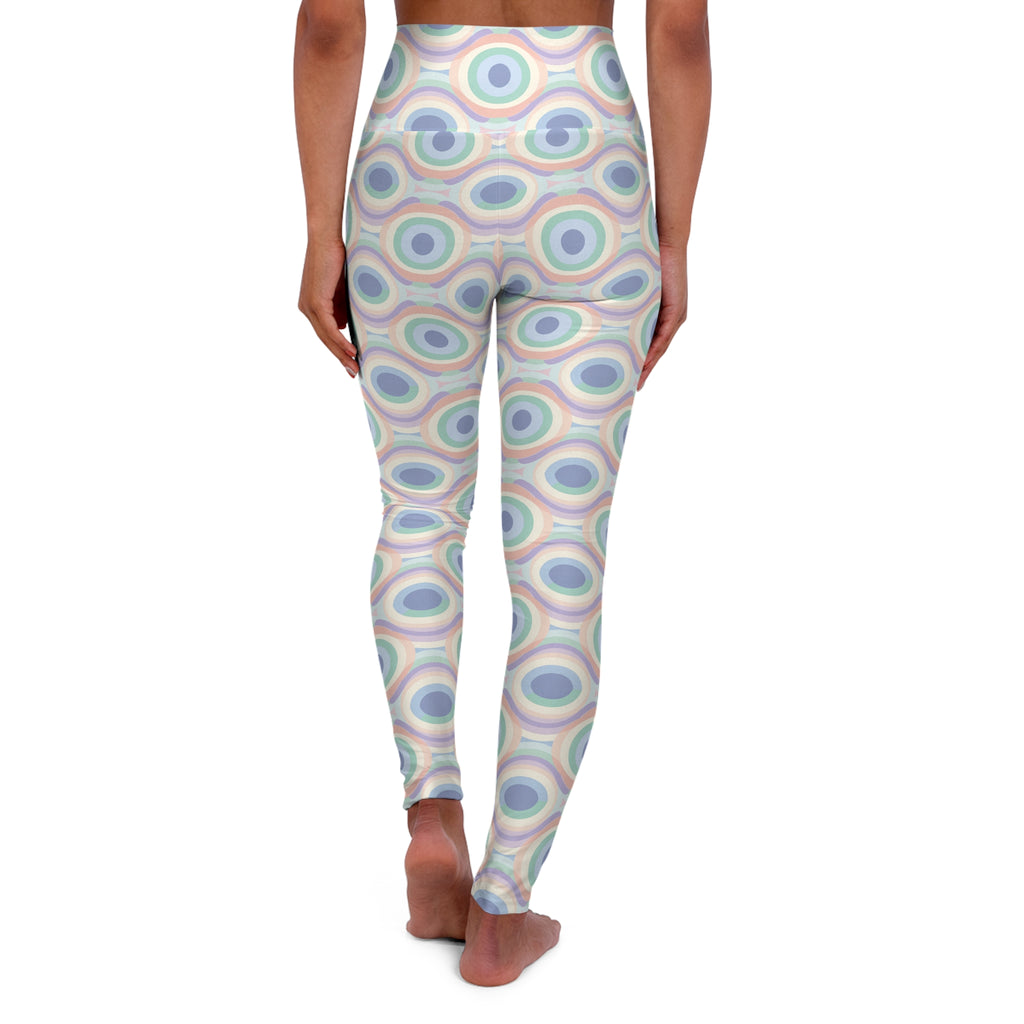 Back view of pastel pulse leggings featuring a colorful circular pattern.