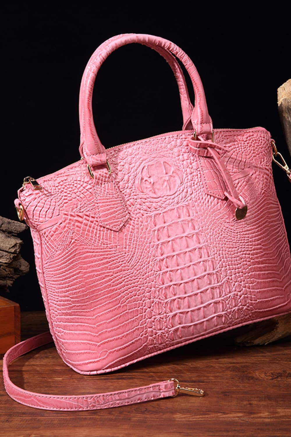 PU Leather Handbag (Medium) | Everyday Shoulder Bag in pink crocodile texture, perfect for daily use and stylish outfits.