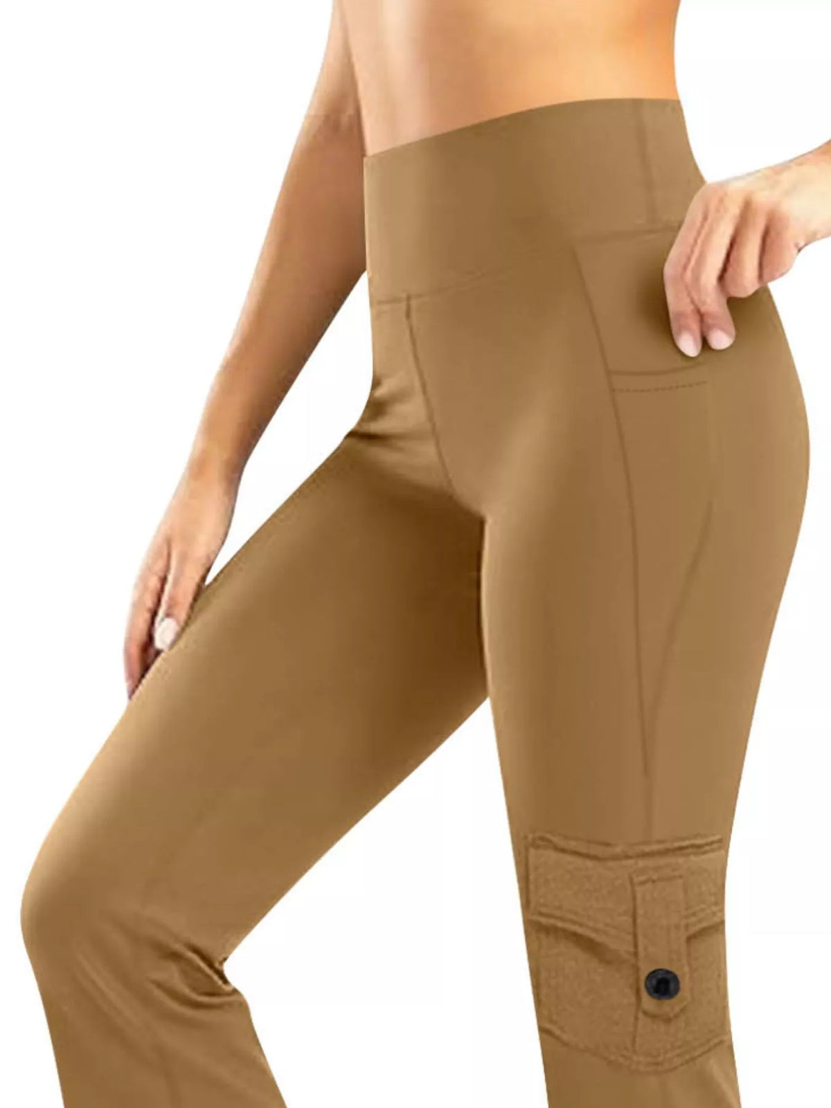 High-waisted yoga pants with pockets in stylish tan color, perfect for workouts and casual wear.