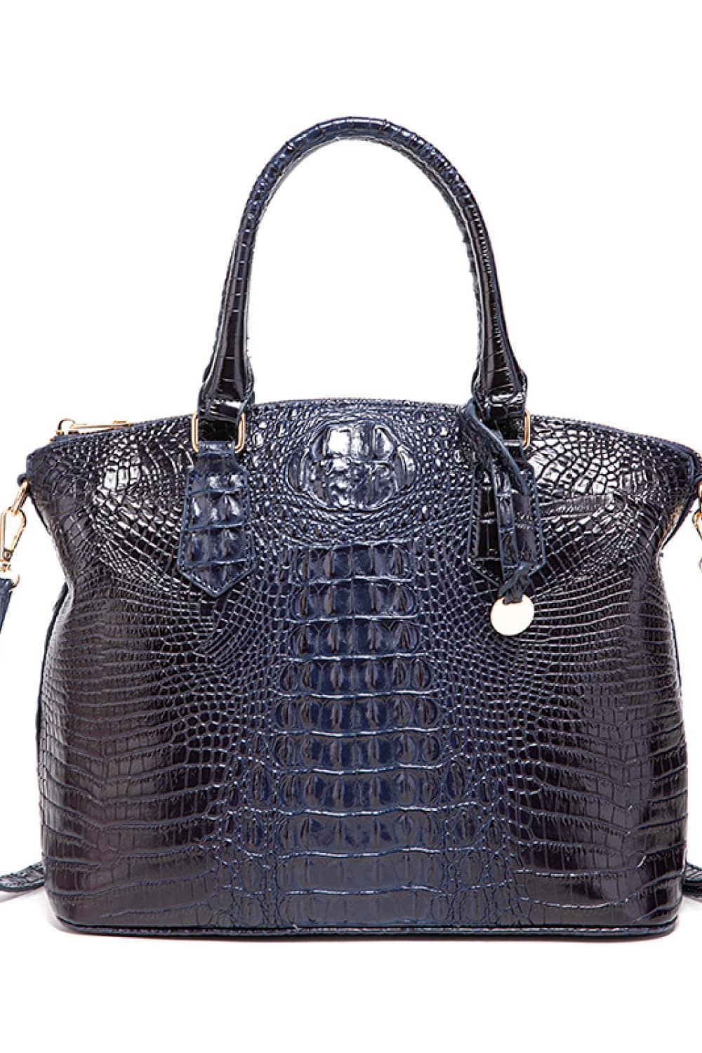 PU Leather Handbag (Medium) | Everyday Shoulder Bag in glossy navy crocodile pattern finish