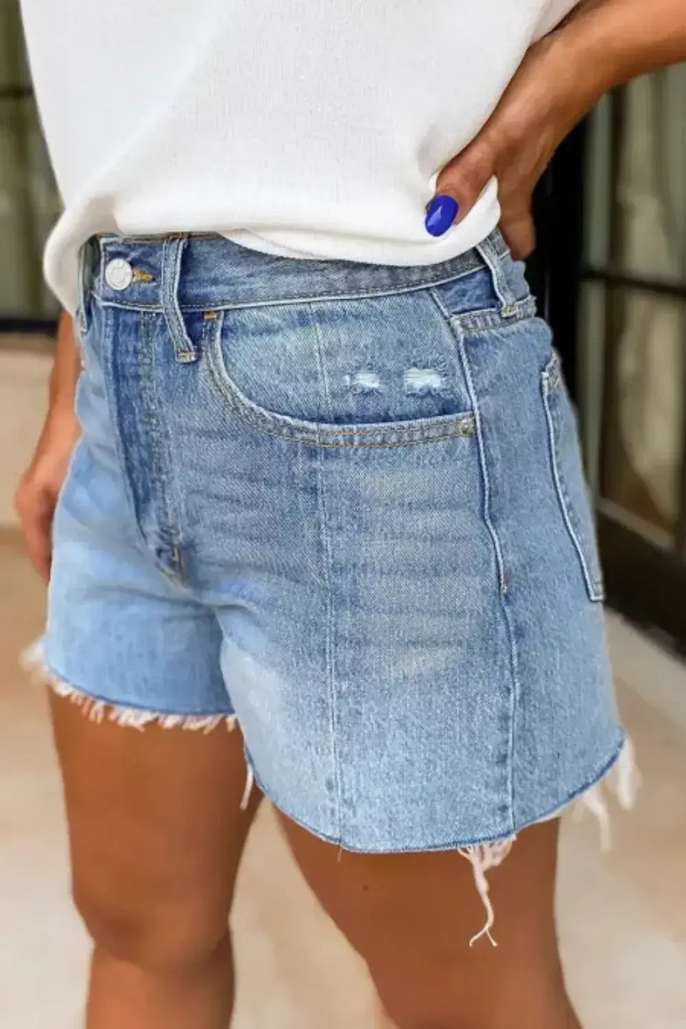 High Waisted Denim Shorts Frayed Hem Side View